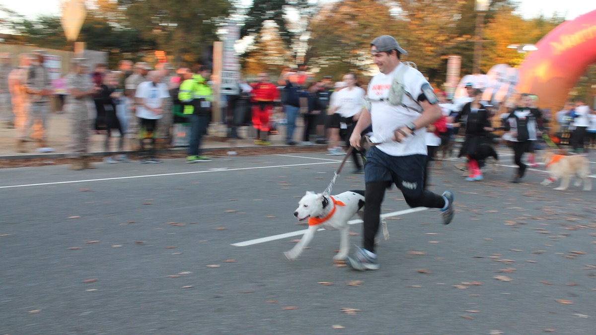 Man running with dog (blurry)