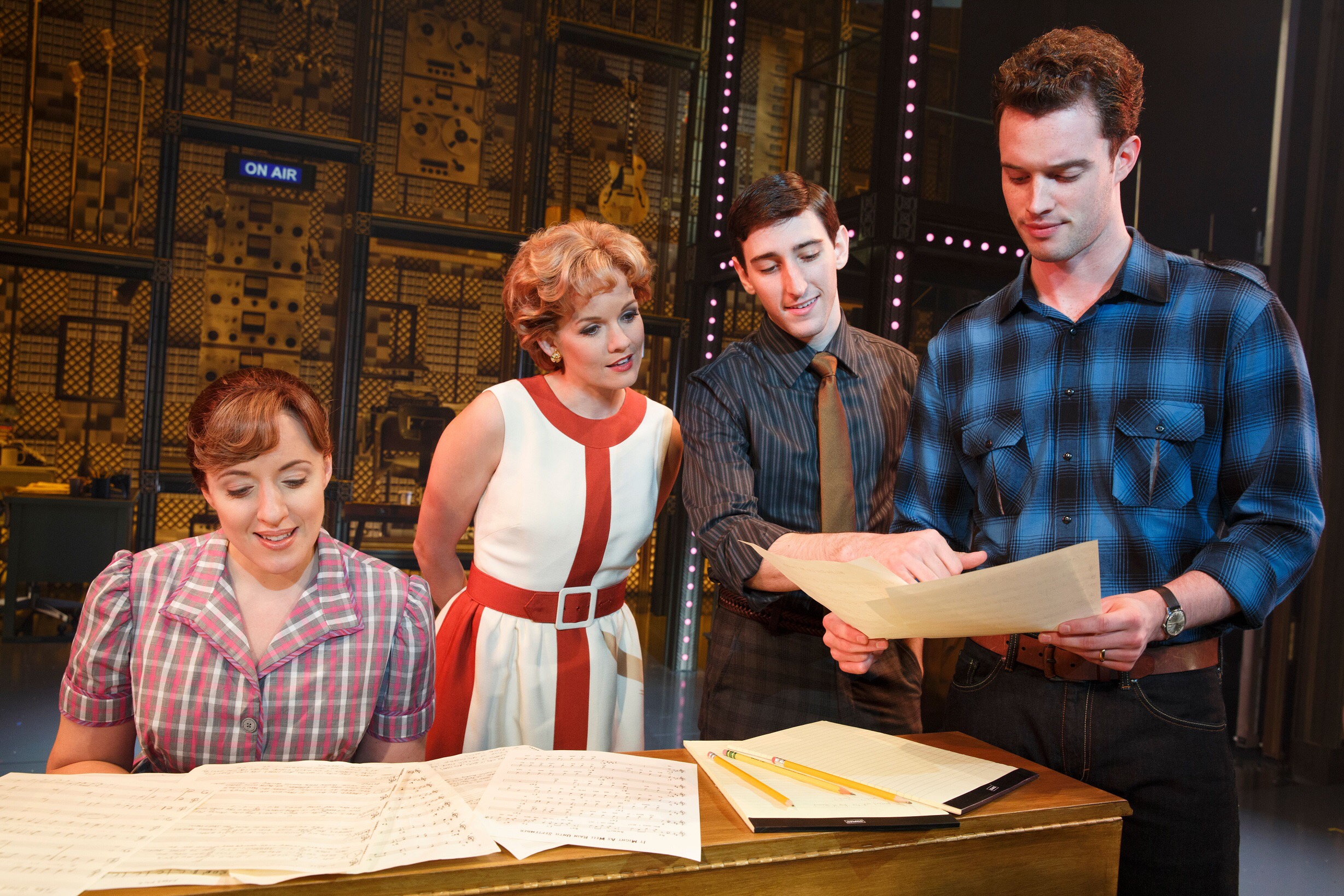 Curt Bouril ("Don Kirshner"), Liam Tobin ("Gerry Goffin"), Abby Mueller ("Carole King"), and Becky Gulsvig ("Cynthia Weil").