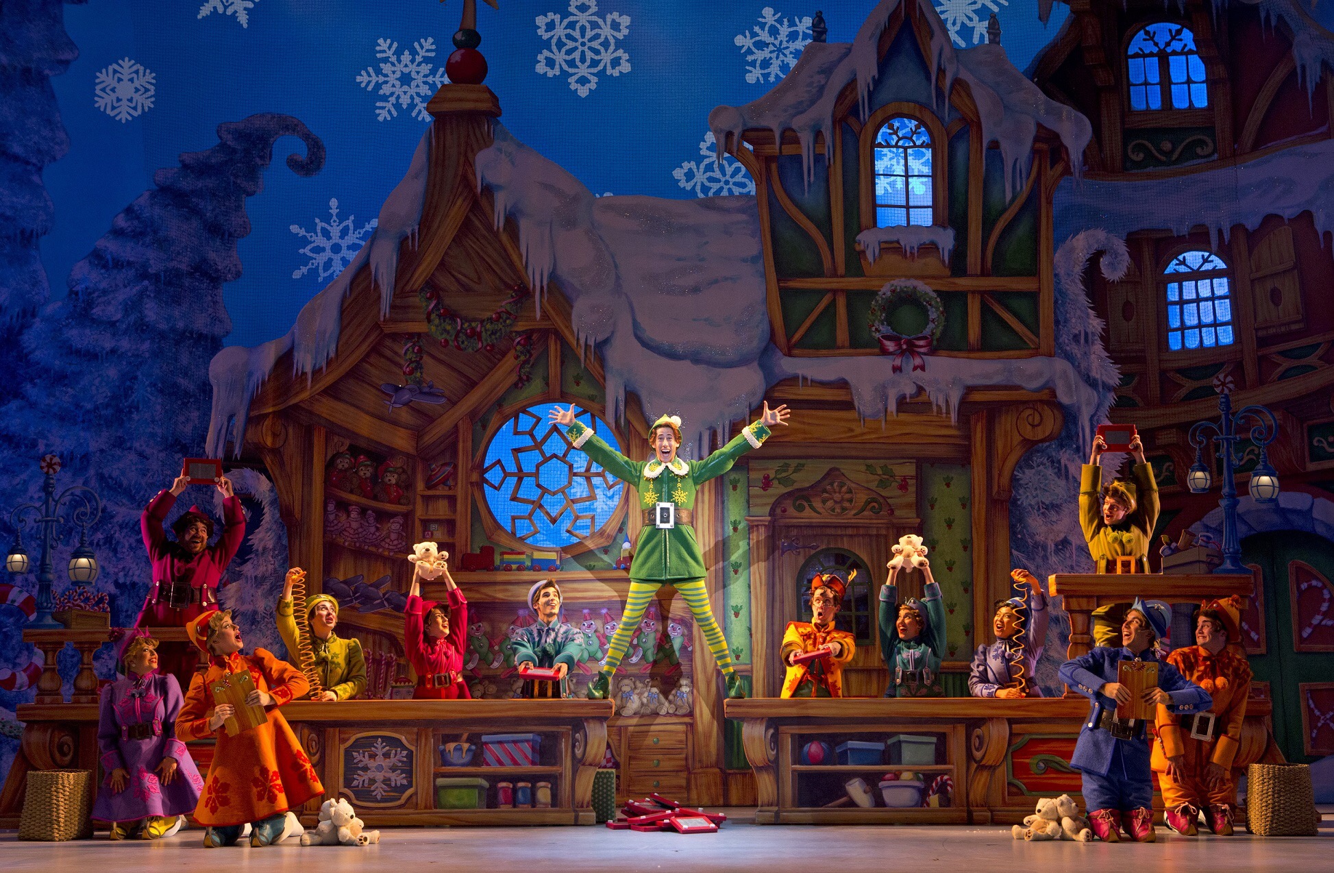 Matt Kopec (Buddy) and the cast of Elf The Musical. Photo by Joan Marcus.